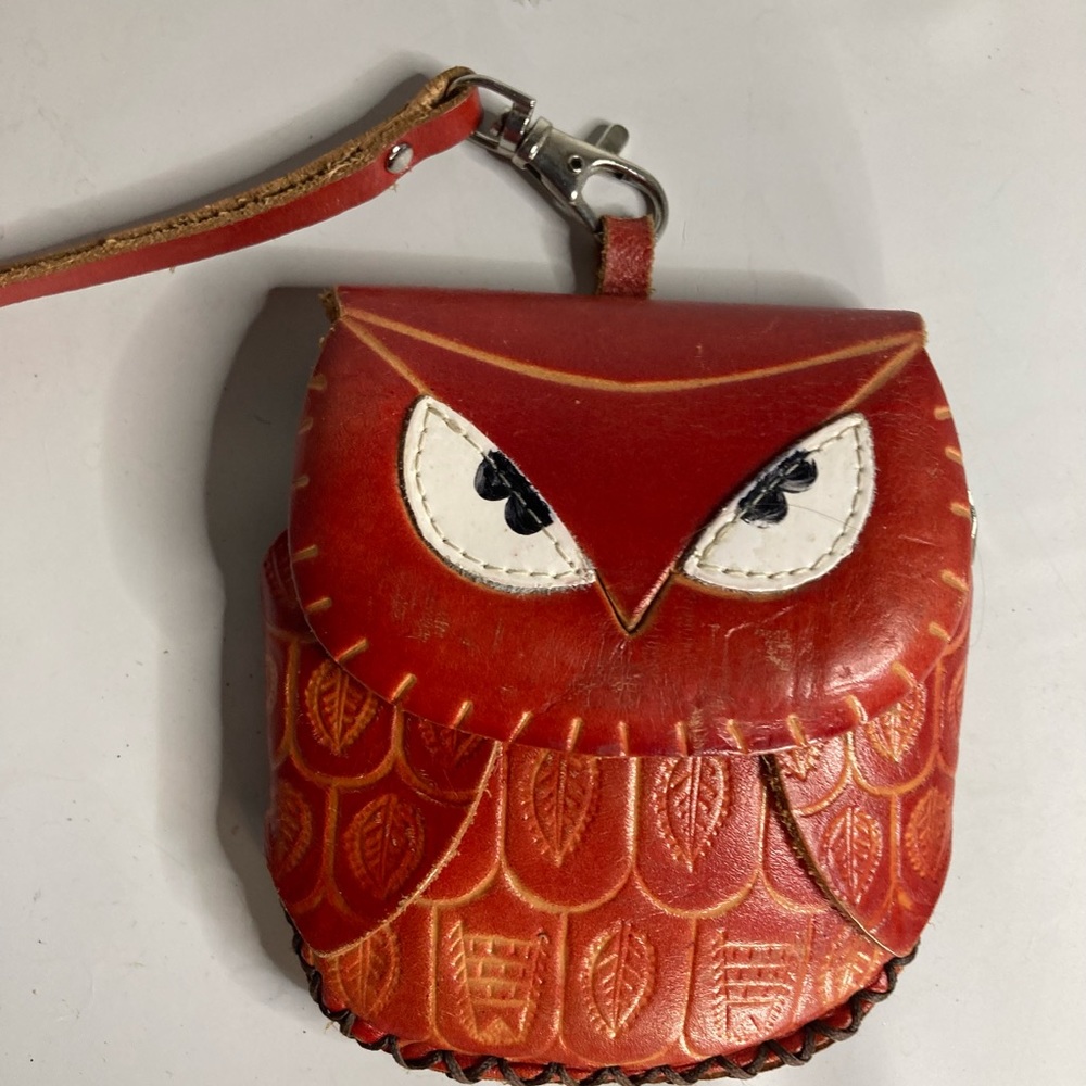 Owl red leather wristlet